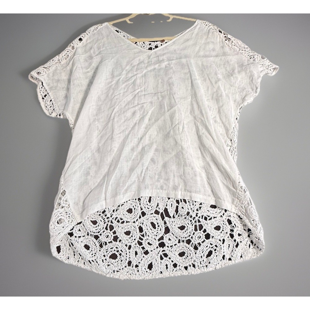 XCVI Webbed Lace Crochet Kimono Sleeve Tunic Top Blouse Cover Up White Size L